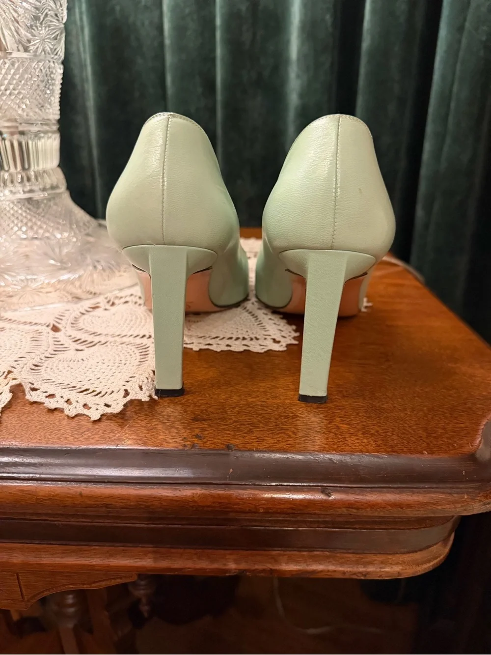St. John Mint Green Pointed Toe Pumps with Gold Chain Accent